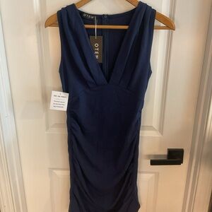 Oten - Deep V-neck Side Ruched Sleeveless Dress - Navy Blue - Ladies Size Small